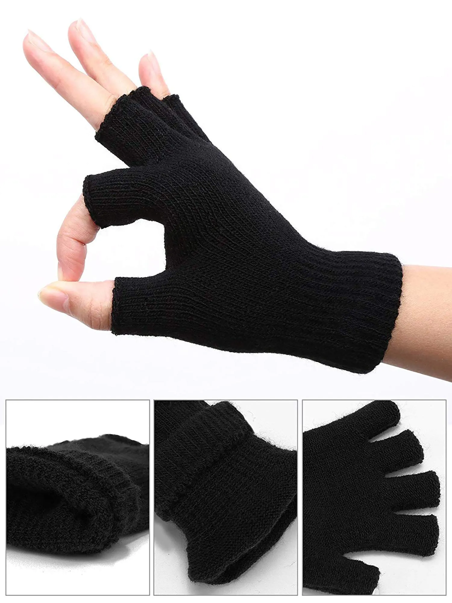 4 Pairs Winter Half Finger Gloves Knitted Fingerless Mittens Warm Stretchy Gloves for Men and Women Black