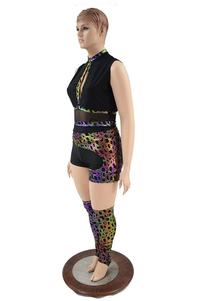 4PC Keyhole Romper, Leg Warmers & Garter Set