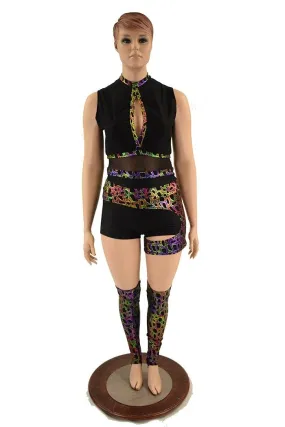 4PC Keyhole Romper, Leg Warmers & Garter Set