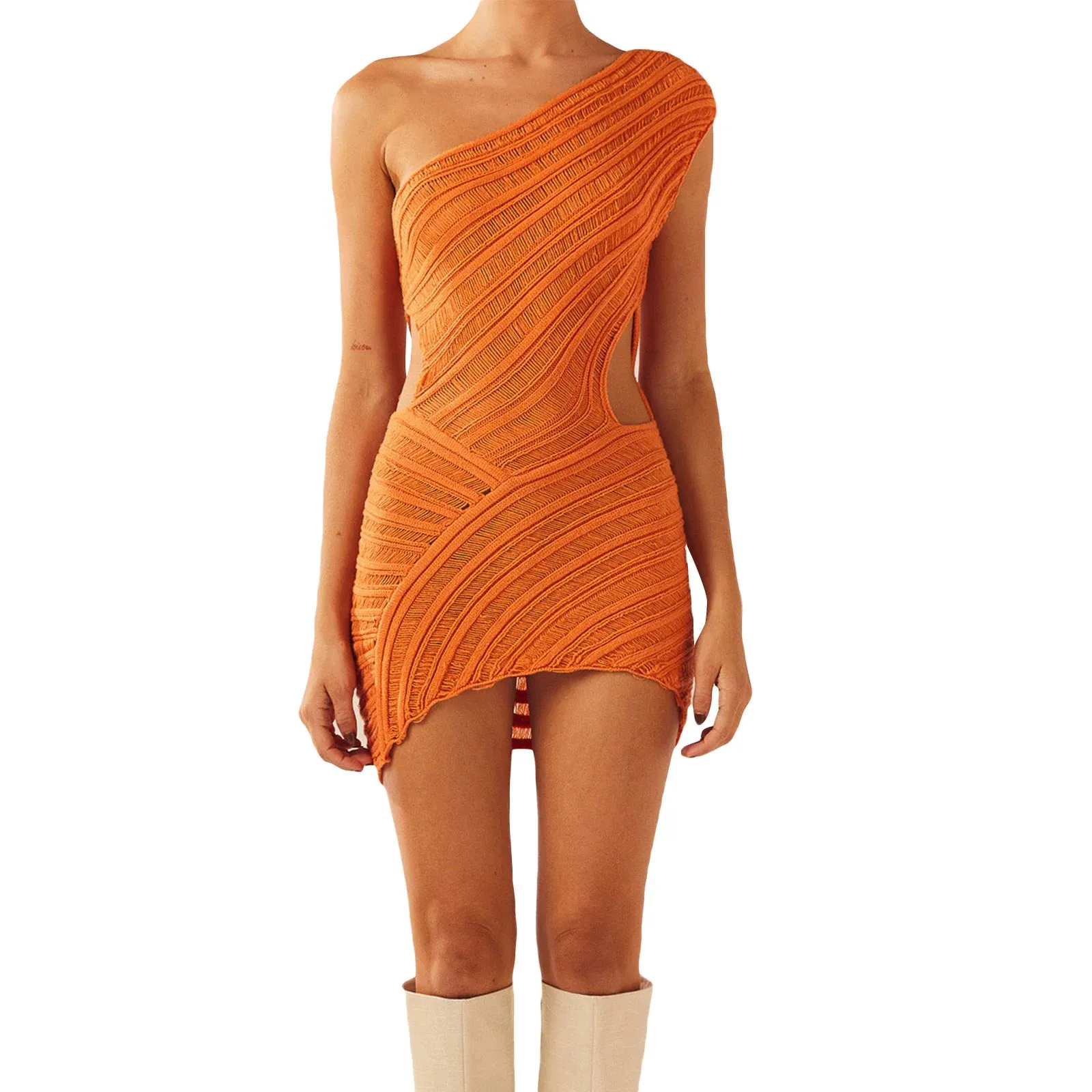 A&A Crochet Knitted One Shoulder Bodycon Dress