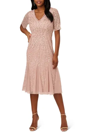 Adrianna Papell V-Neck Short Sleeve Sequin Beaded Zipper Back Godet Mesh Dress