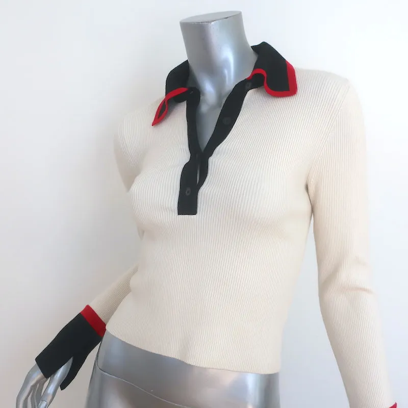 Alice   Olivia Pia Polo Sweater Ivory Wool-Blend Ribbed Knit Size Small