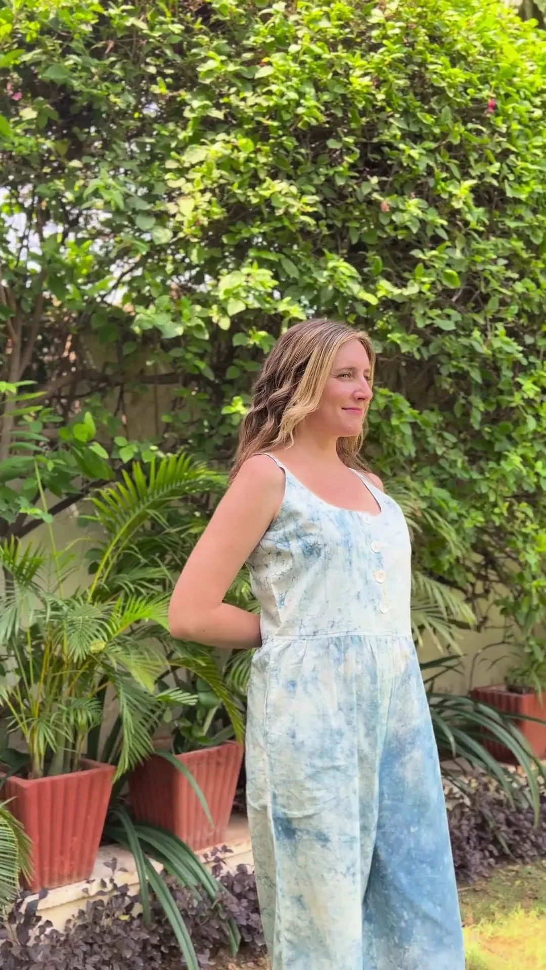 Aqua Sleeveless Cotton Button-Down Midi Jumpsuit