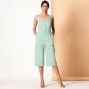 Aqua Sleeveless Cotton Button-Down Midi Jumpsuit