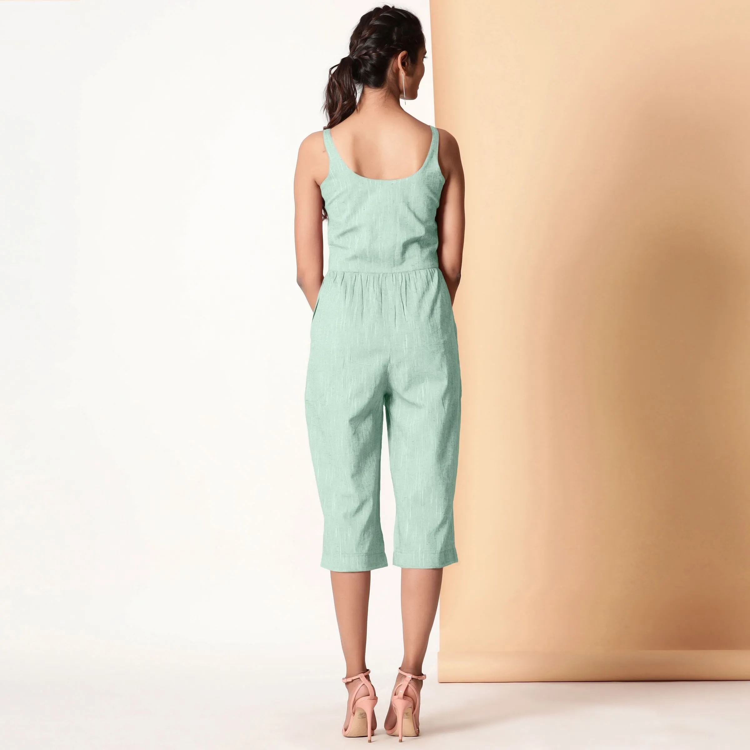 Aqua Sleeveless Cotton Button-Down Midi Jumpsuit