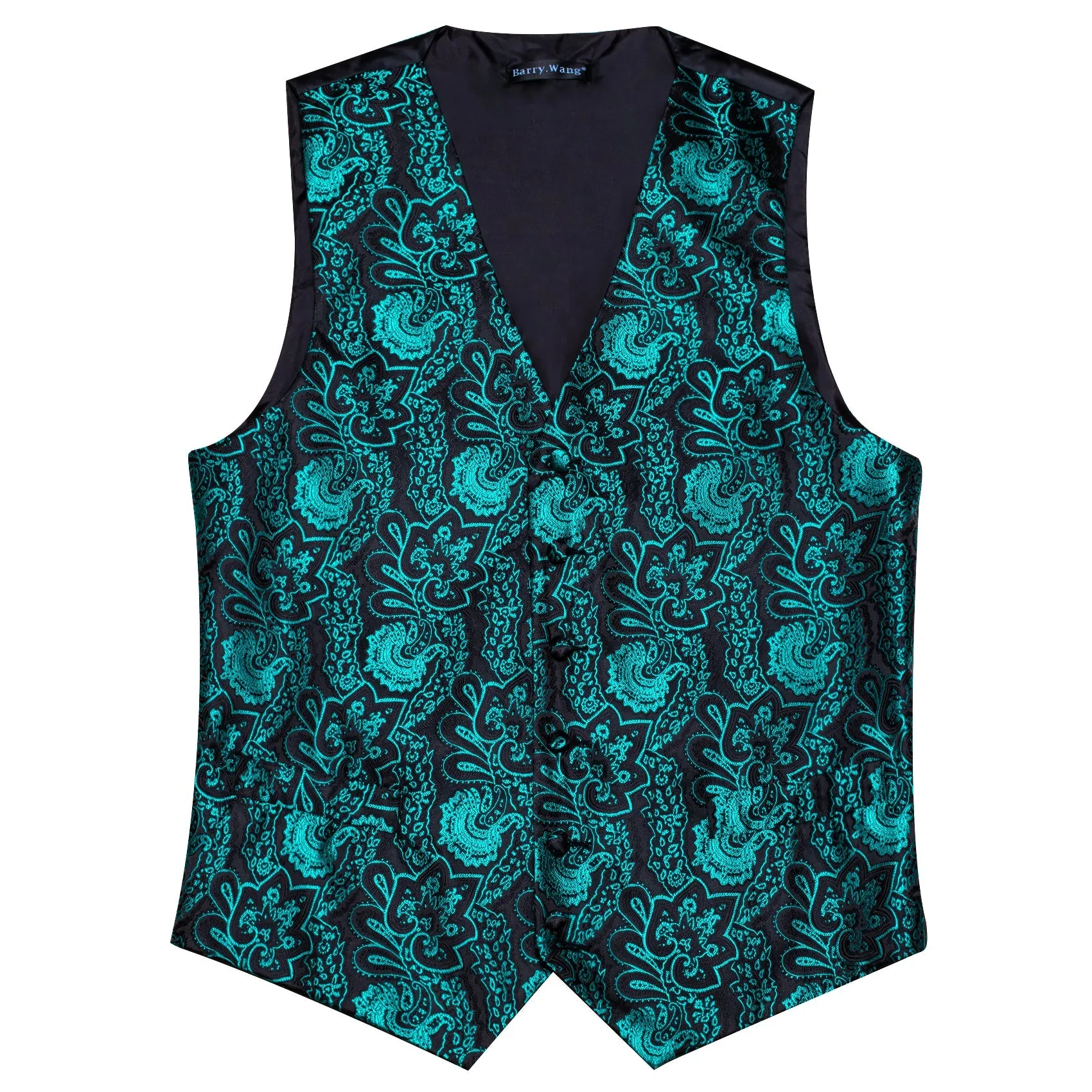 Black Teal Paisley Silk Men's Vest Hanky Cufflinks Tie Set