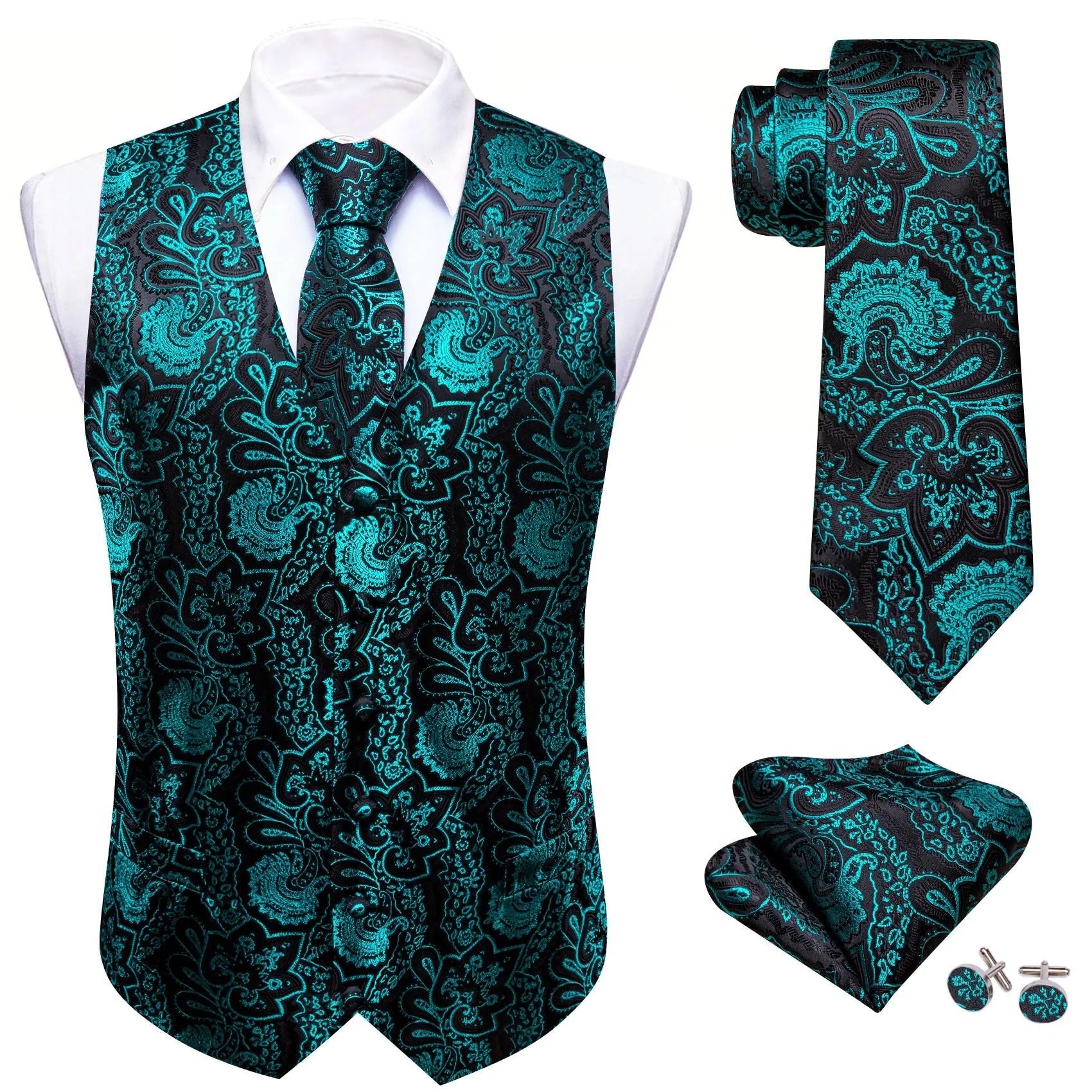 Black Teal Paisley Silk Men's Vest Hanky Cufflinks Tie Set