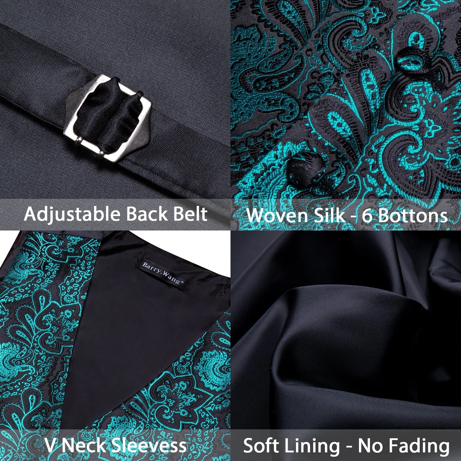 Black Teal Paisley Silk Men's Vest Hanky Cufflinks Tie Set
