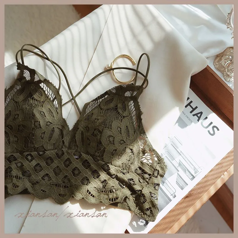 Criss Cross Double Straps Scalloped Flower Crochet Lace Bralette