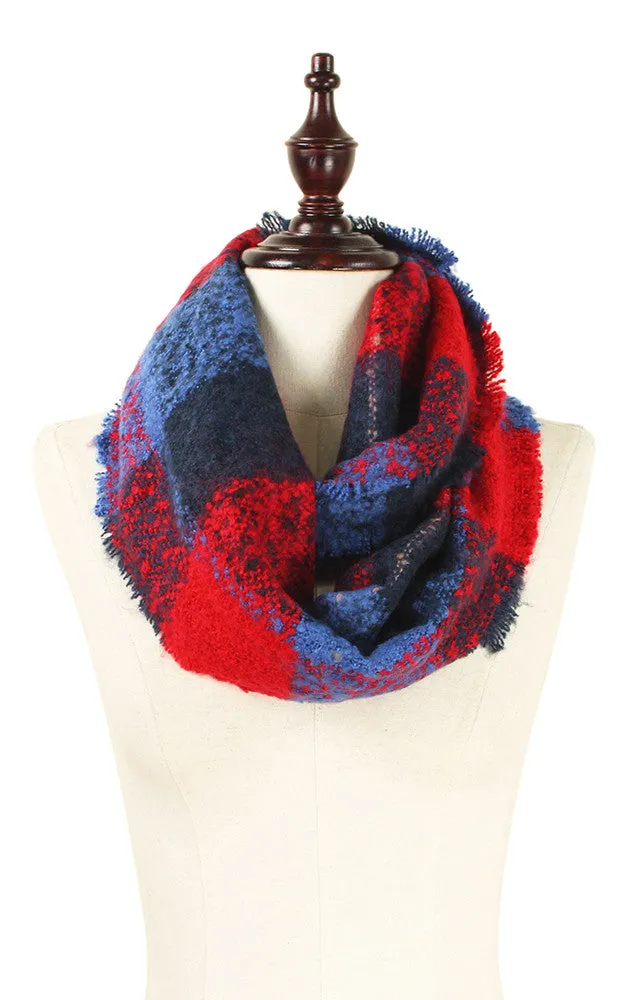 EAS8909 Blue Check Plaid Woven Infinity Scarf
