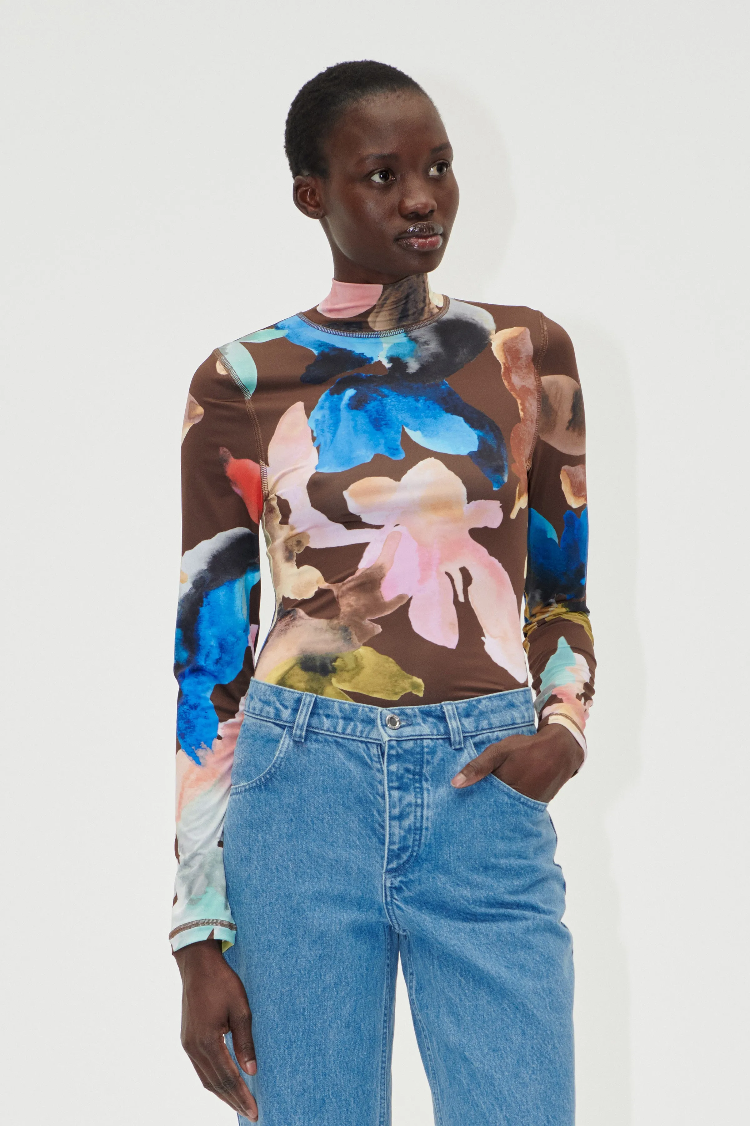 Elastic High Neck Collared Top - Aquarelle Garden