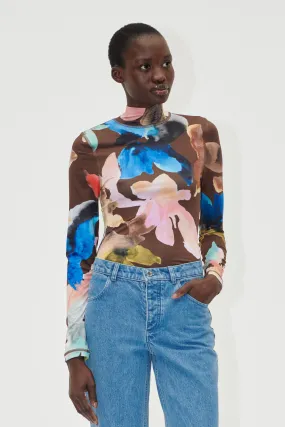 Elastic High Neck Collared Top - Aquarelle Garden