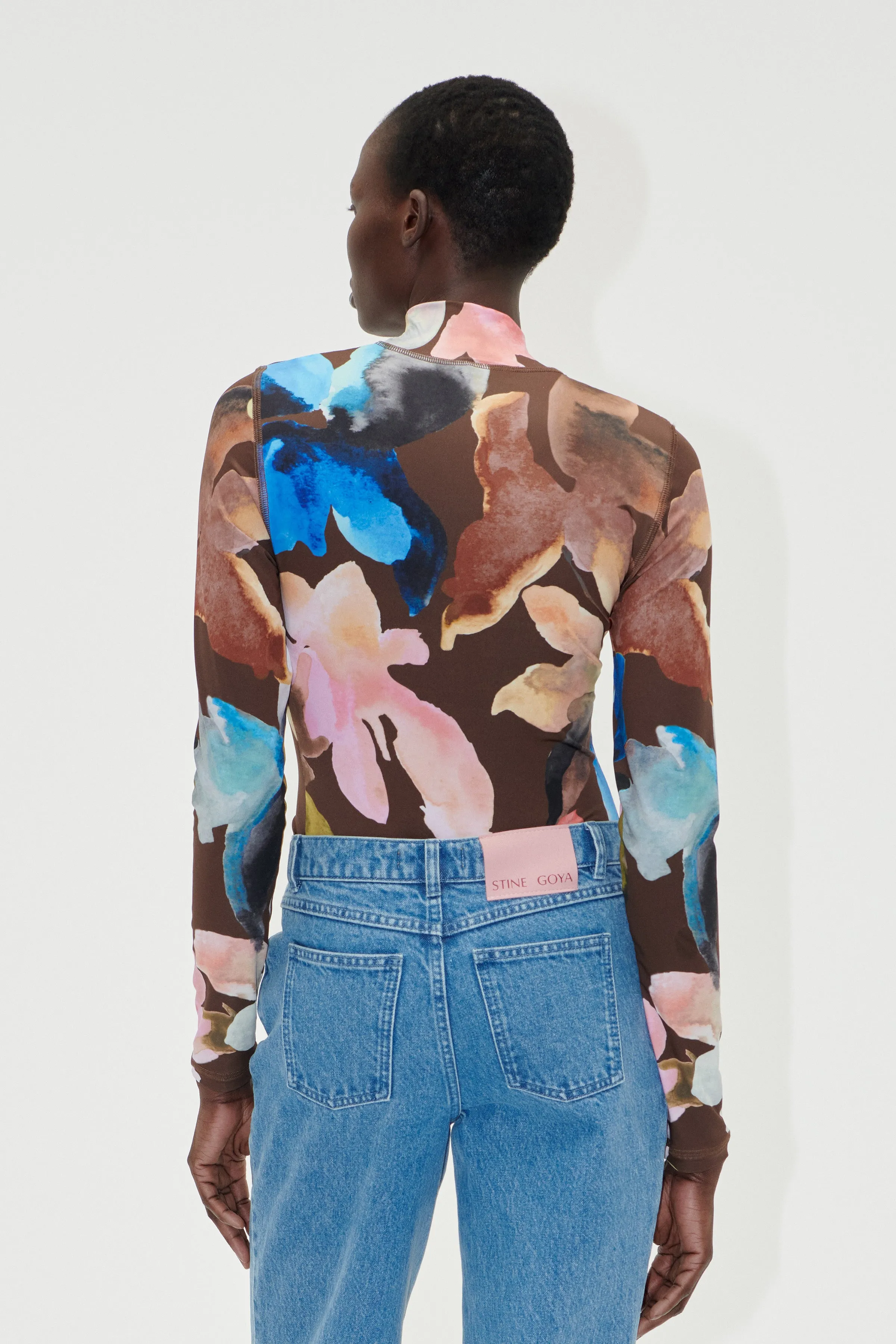 Elastic High Neck Collared Top - Aquarelle Garden