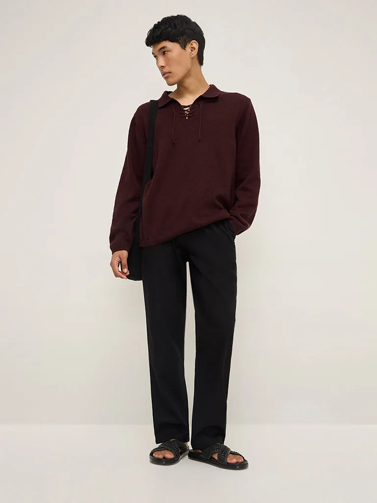 ETA Burgundy Criss-Cross Detailed Relaxed-Fit Cotton-Blend Sweater