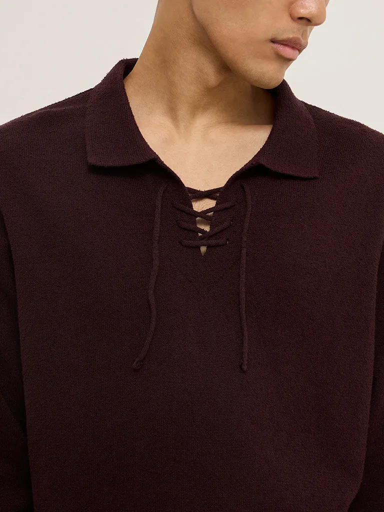 ETA Burgundy Criss-Cross Detailed Relaxed-Fit Cotton-Blend Sweater
