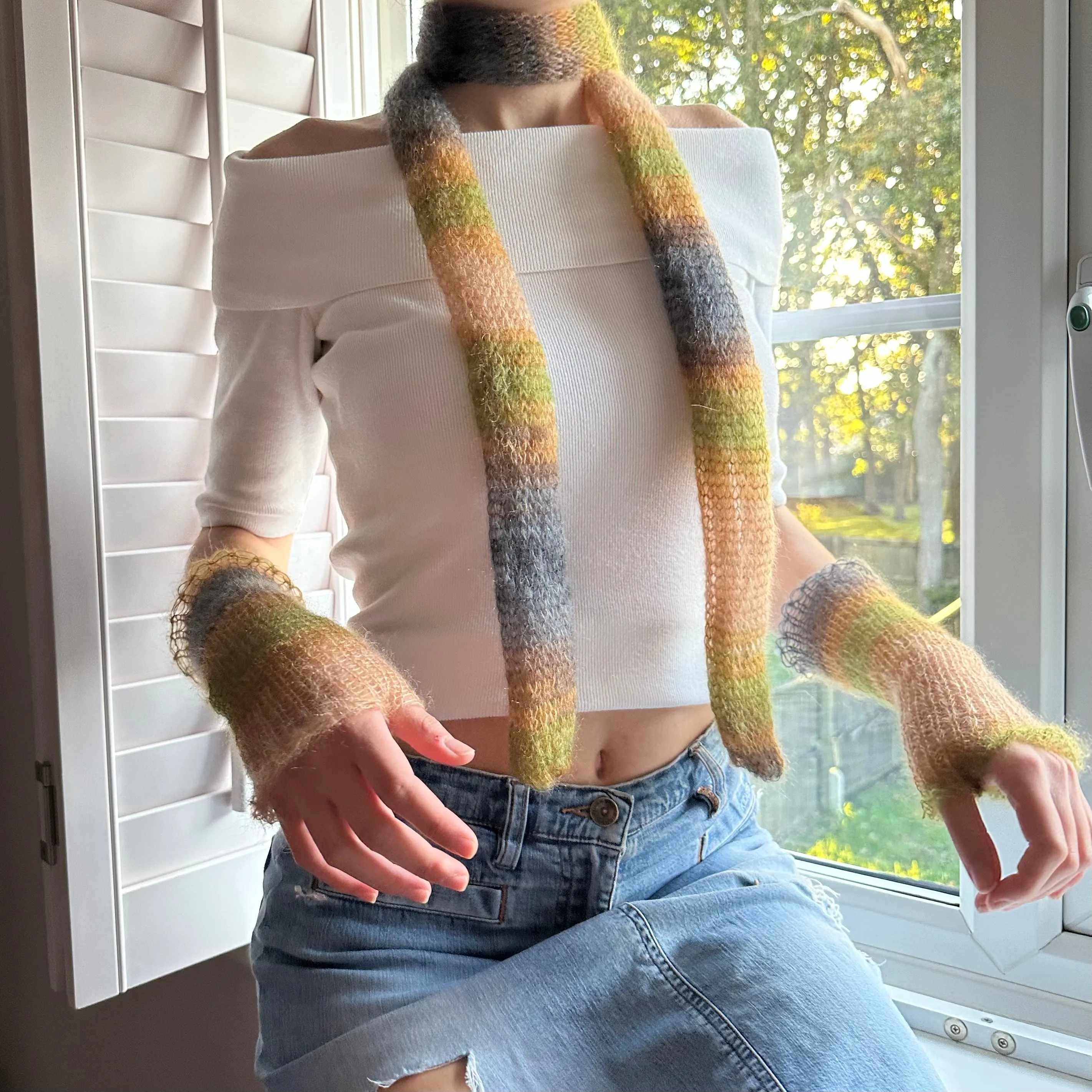 Handmade knitted mohair skinny scarf in ombré earth tones