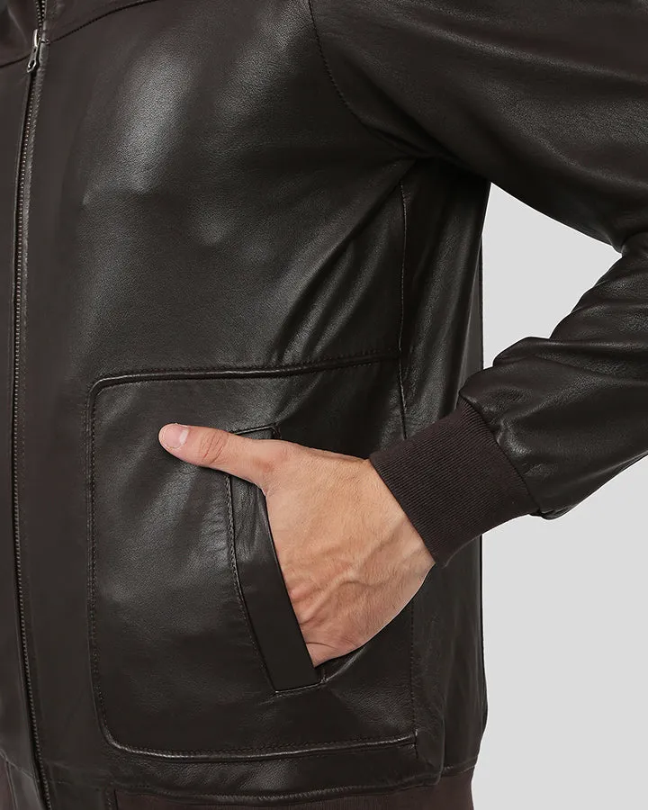 Knox Brown Bomber Leather Jacket with Removable Collar