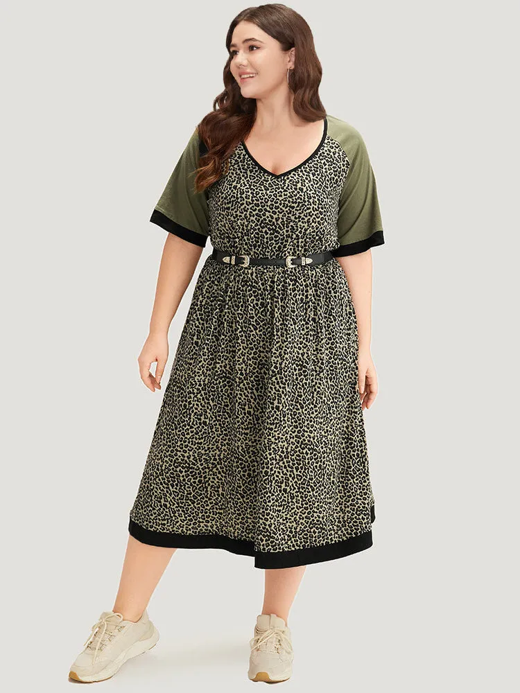 Leopard Print Pocket Patchwork Gathered Contrast Trim Dress