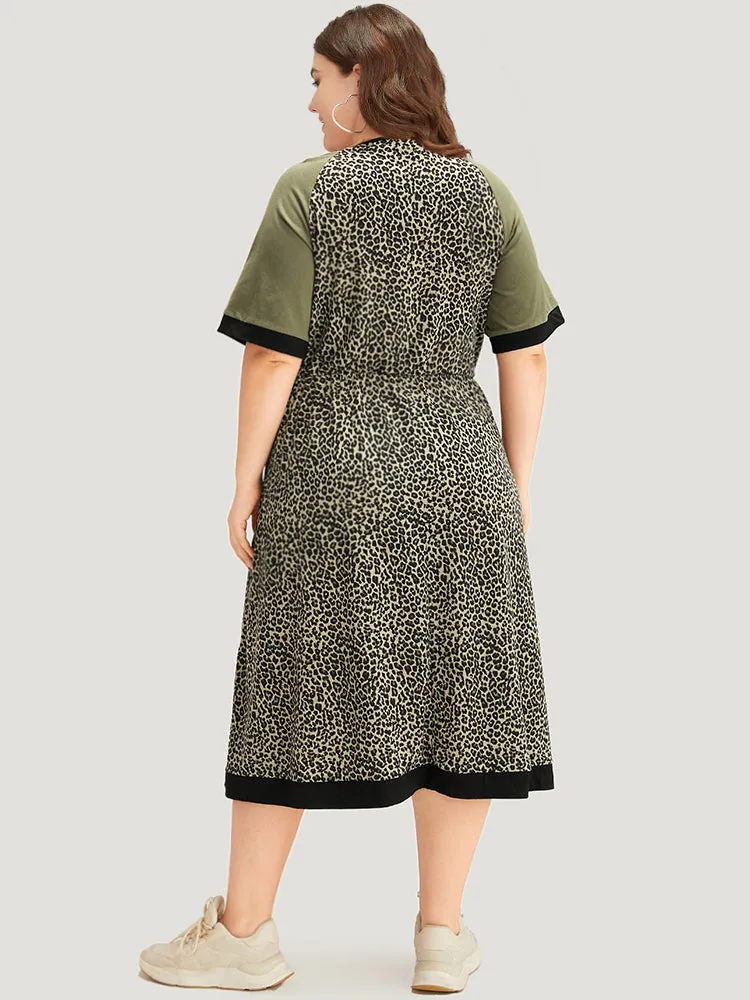 Leopard Print Pocket Patchwork Gathered Contrast Trim Dress