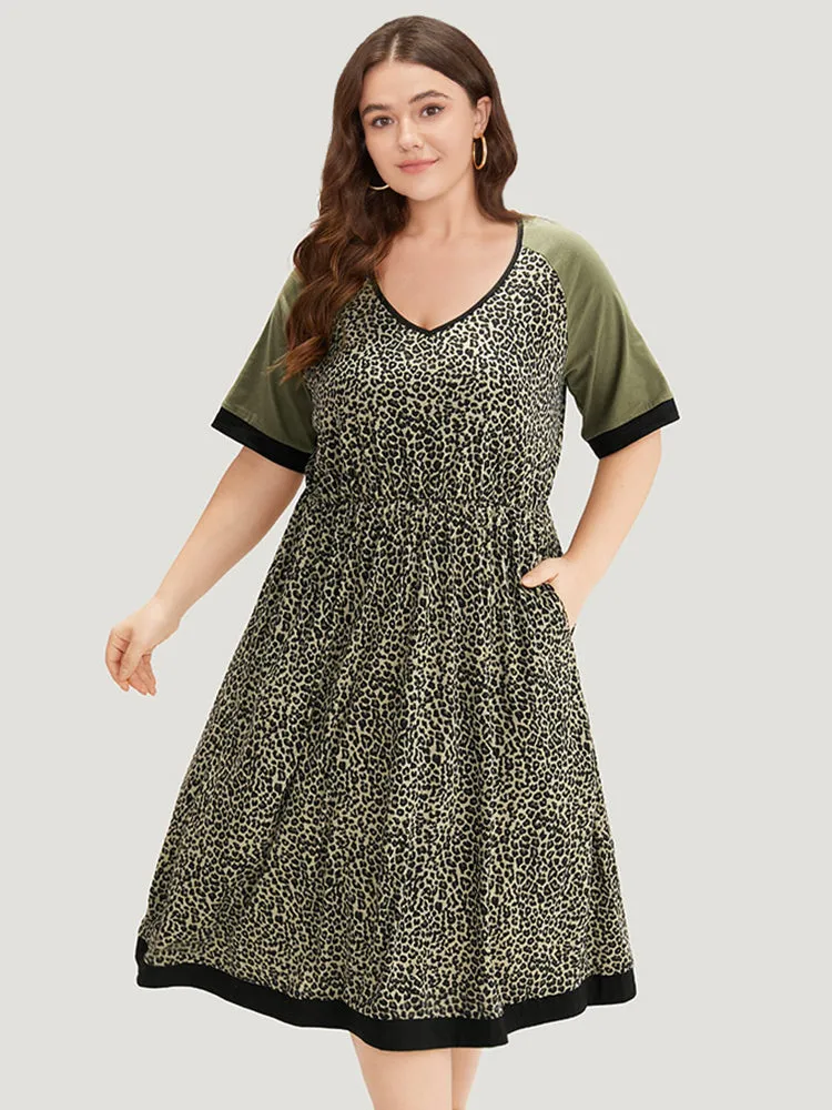 Leopard Print Pocket Patchwork Gathered Contrast Trim Dress
