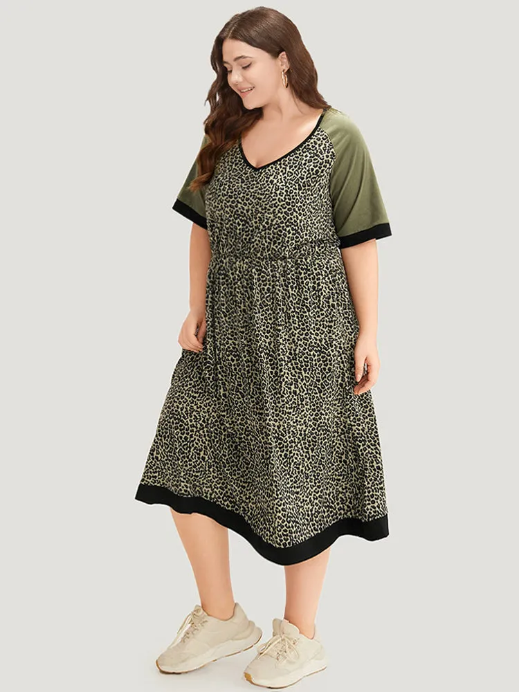 Leopard Print Pocket Patchwork Gathered Contrast Trim Dress