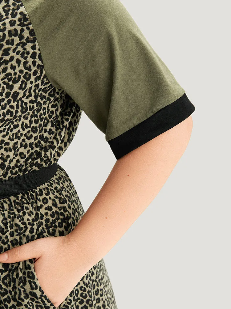 Leopard Print Pocket Patchwork Gathered Contrast Trim Dress