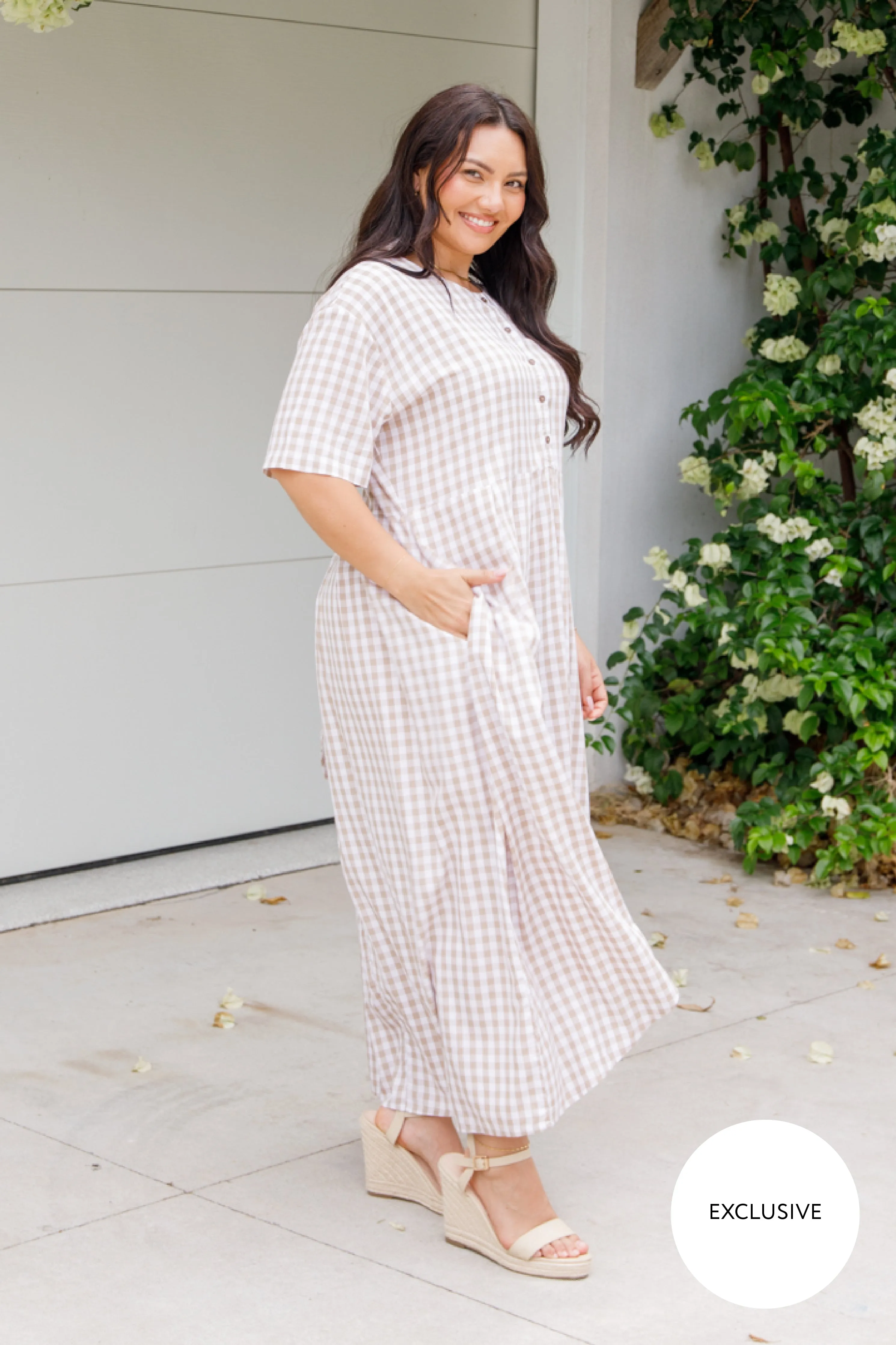 Maia Dress | Beige Gingham