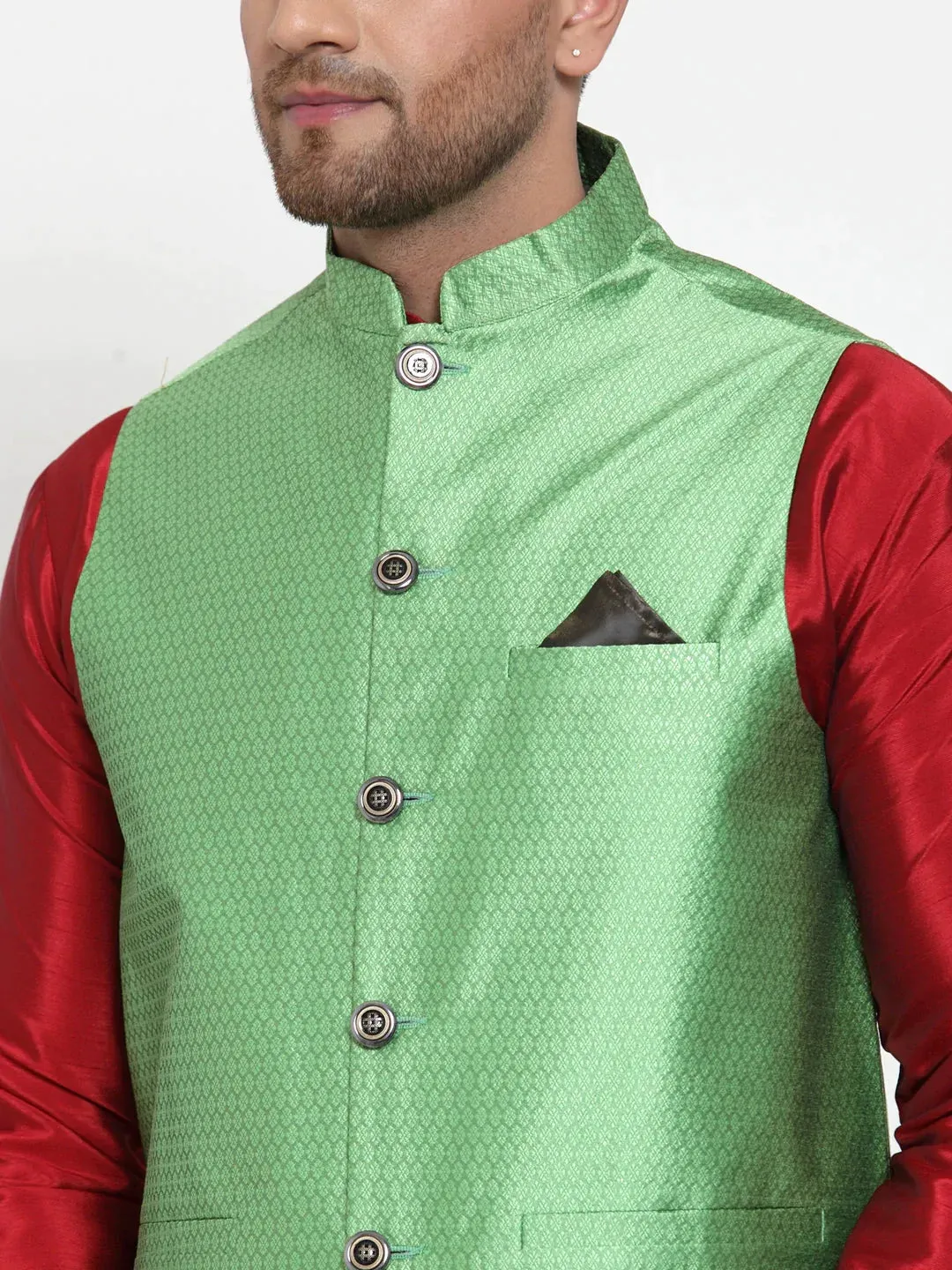 Men'S Green Woven Jacquard Nehru Jacket