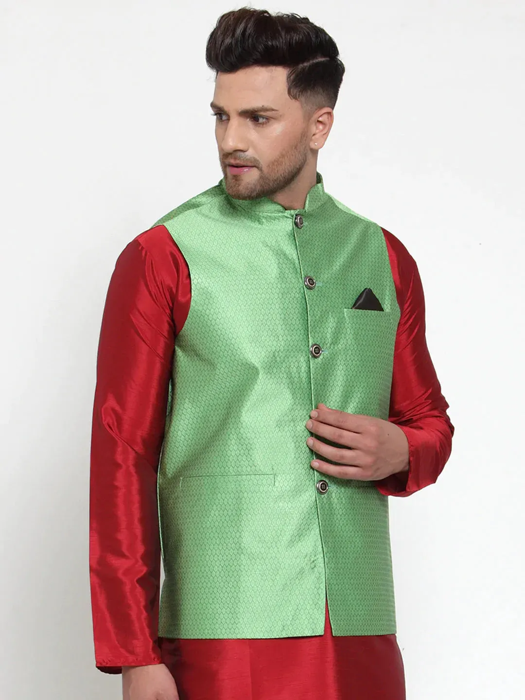 Men'S Green Woven Jacquard Nehru Jacket