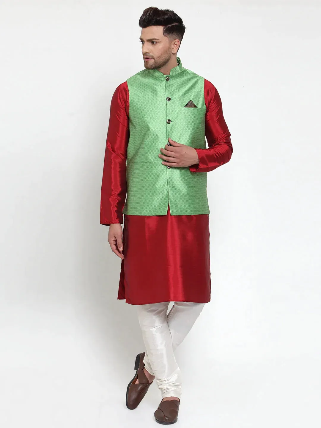 Men'S Green Woven Jacquard Nehru Jacket