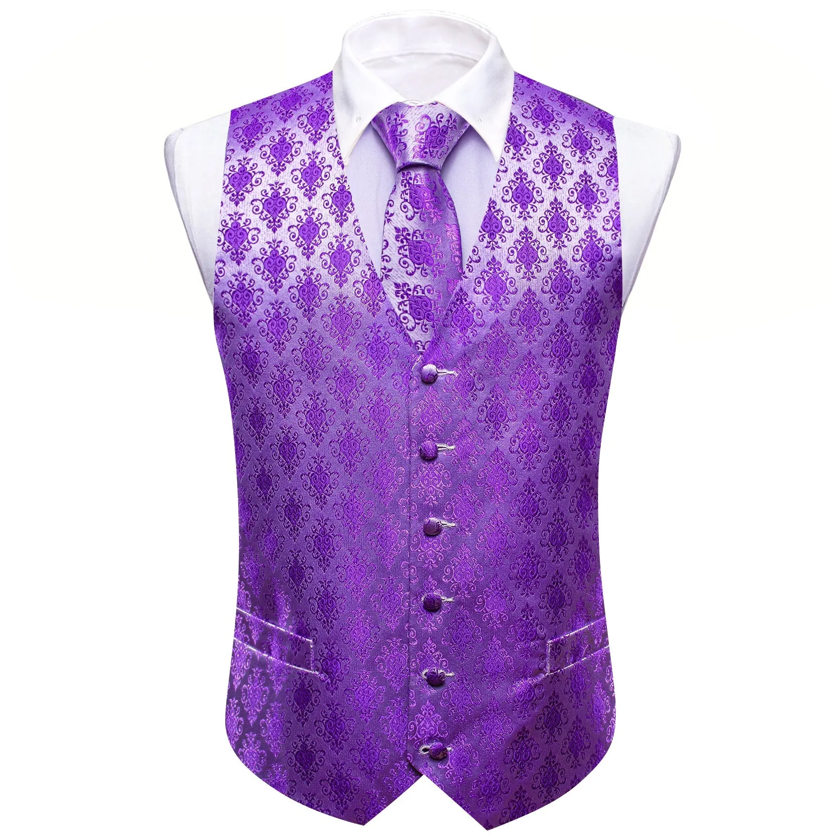 Purple Jacquard Woven Classic Men's Vest Hanky Cufflinks Tie Set