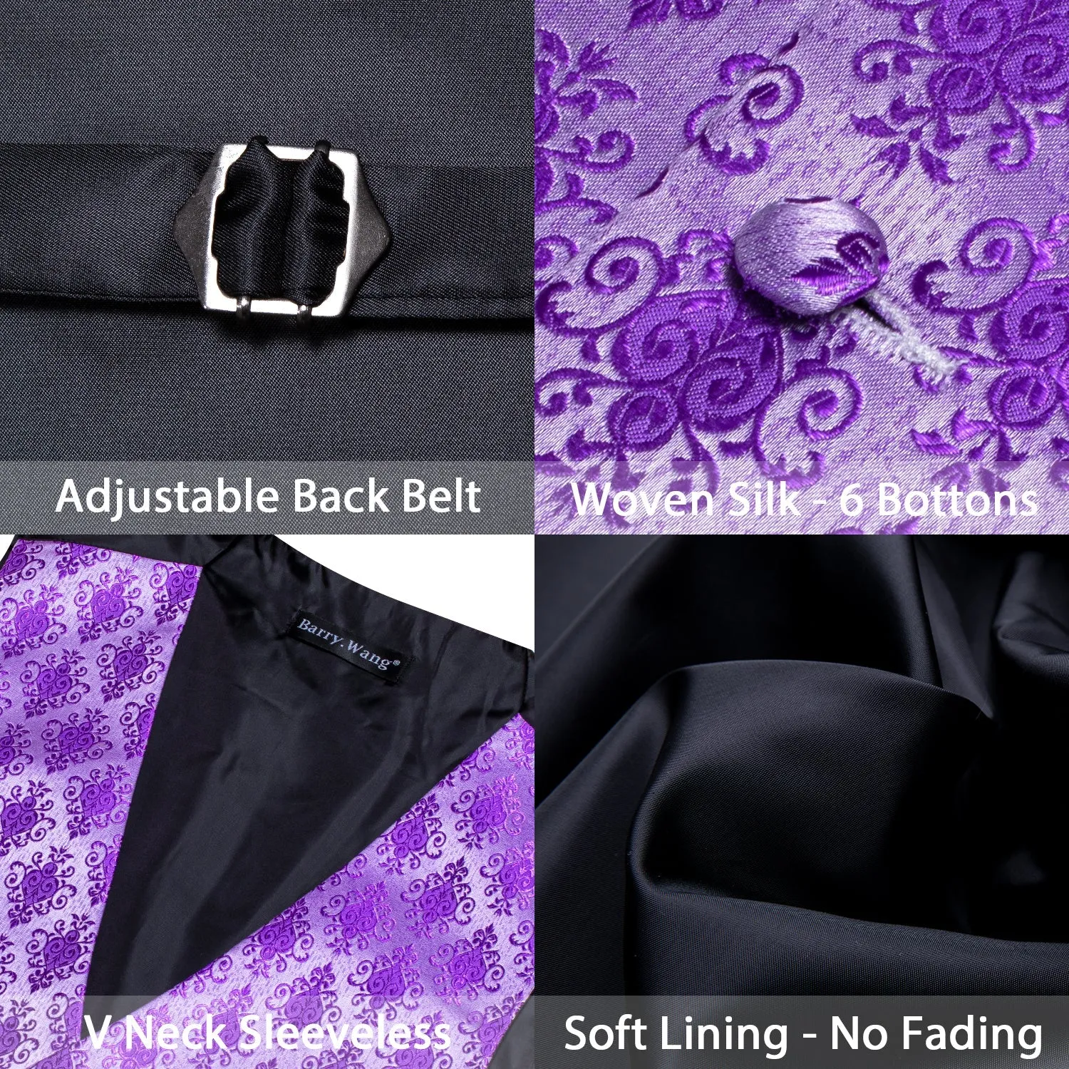 Purple Jacquard Woven Classic Men's Vest Hanky Cufflinks Tie Set