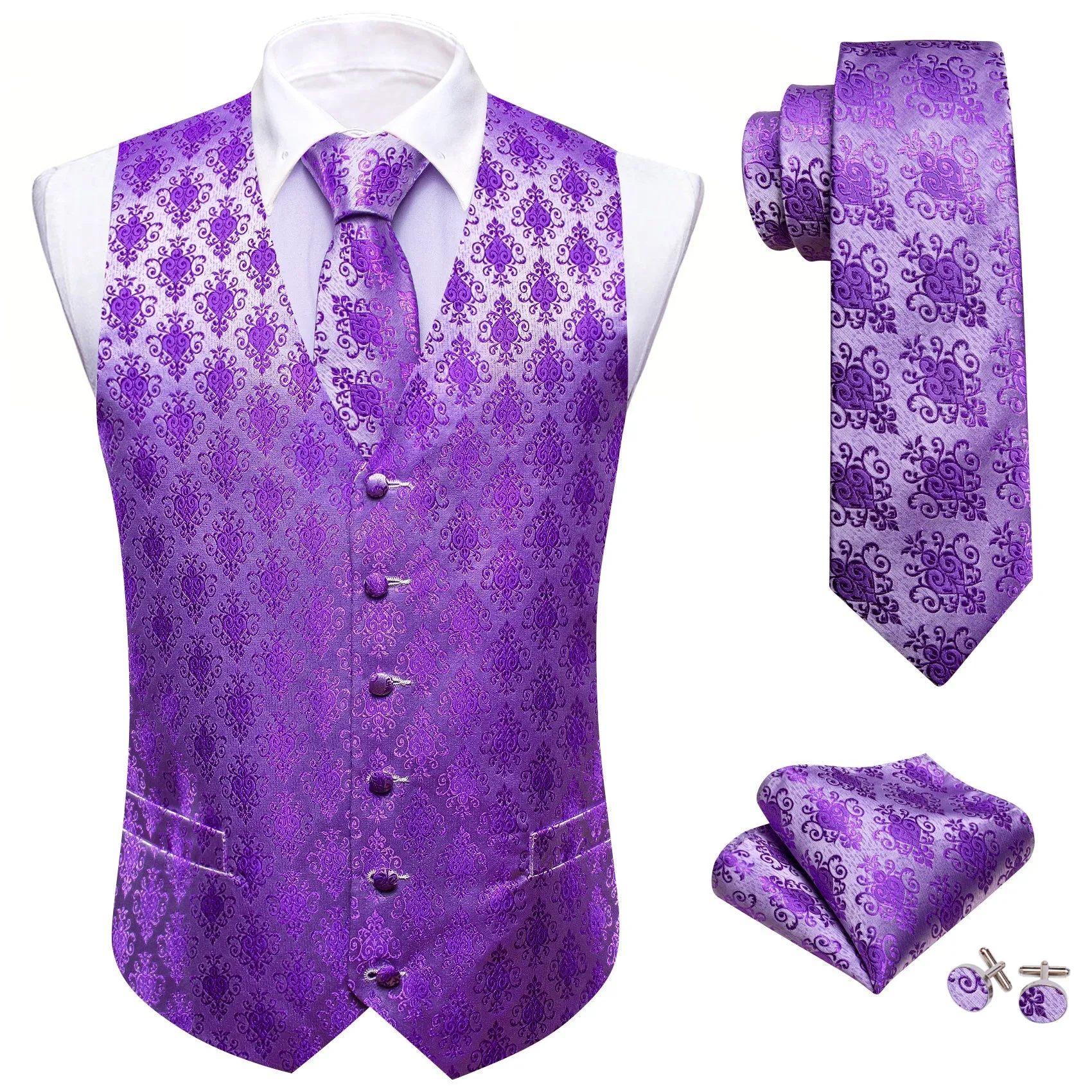 Purple Jacquard Woven Classic Men's Vest Hanky Cufflinks Tie Set