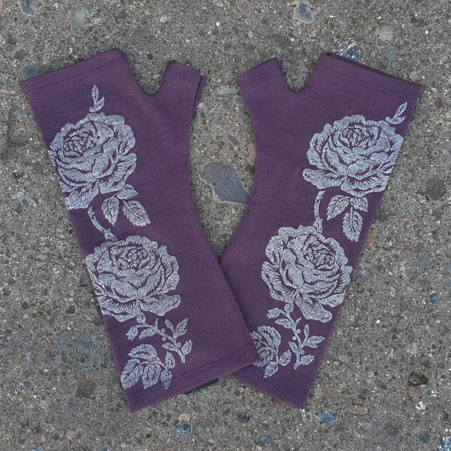 Purple rose print merino fingerless gloves