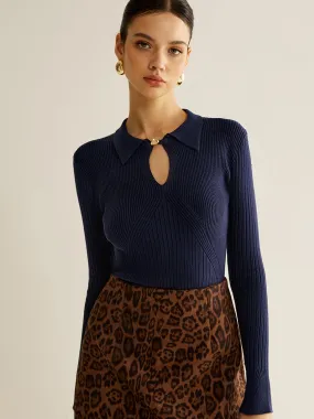 Ribbed Keyhole Neckline Polo Sweater