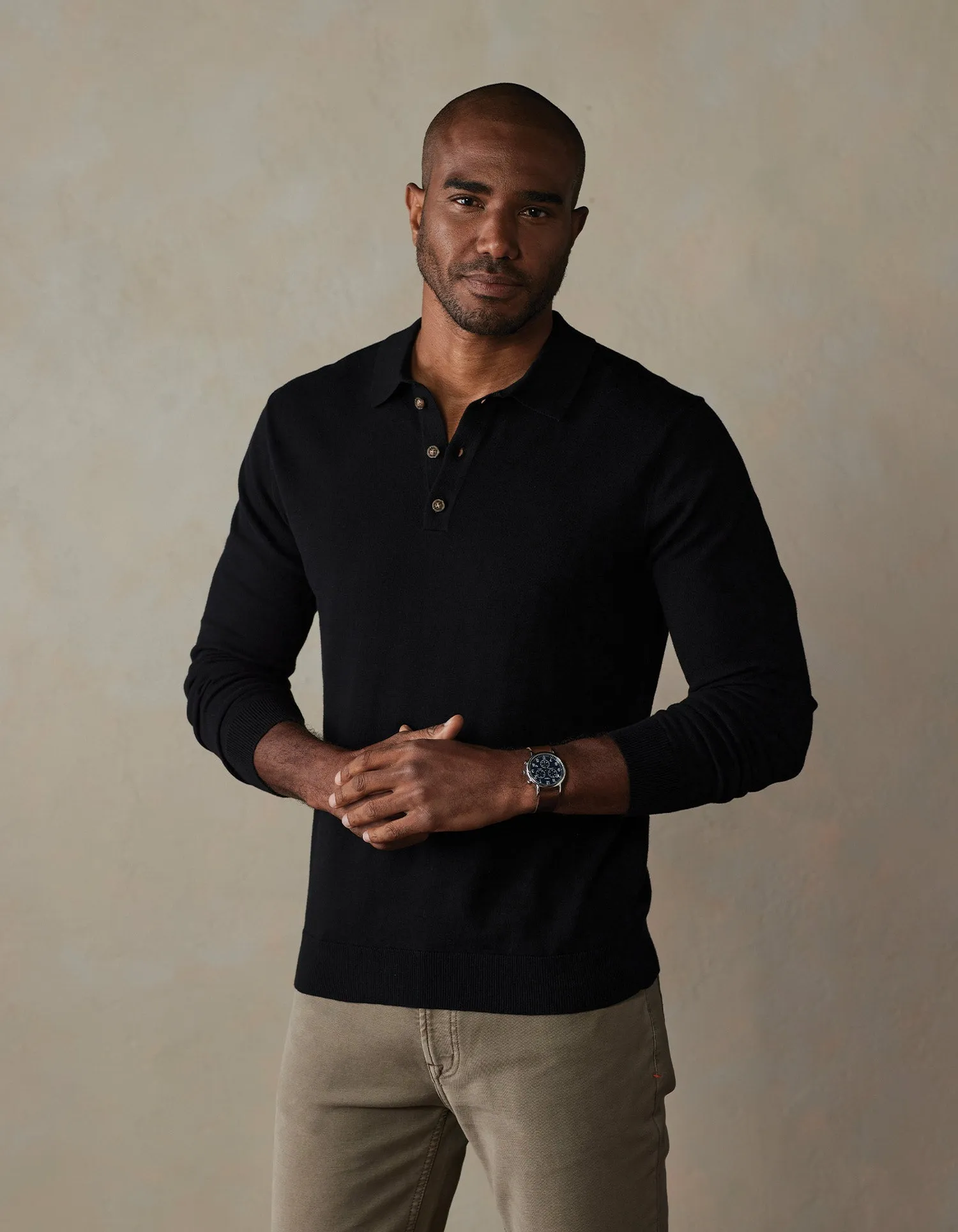 Robles Knit Long Sleeve Polo in Black