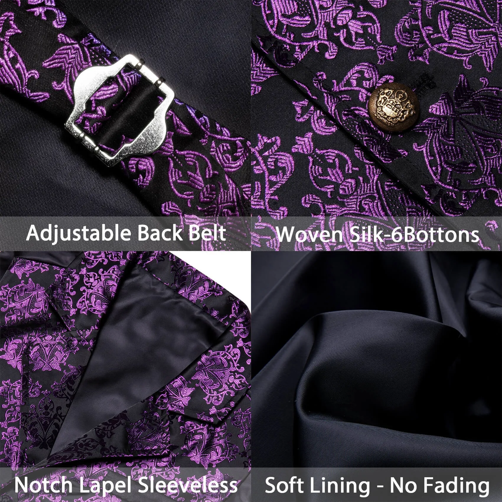 Ties2you Men's Vest Dark Purple Jacquard Black Floral Silk Waistcoat Suit Vest