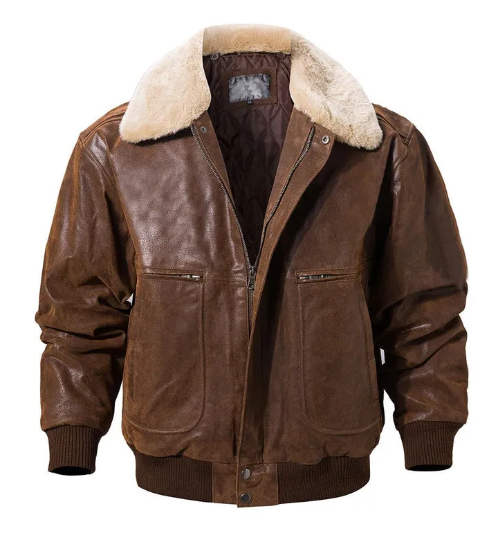 Vintage Style Flying F-19 Army Faux Fur Collar Real Leather Jacket by TJS