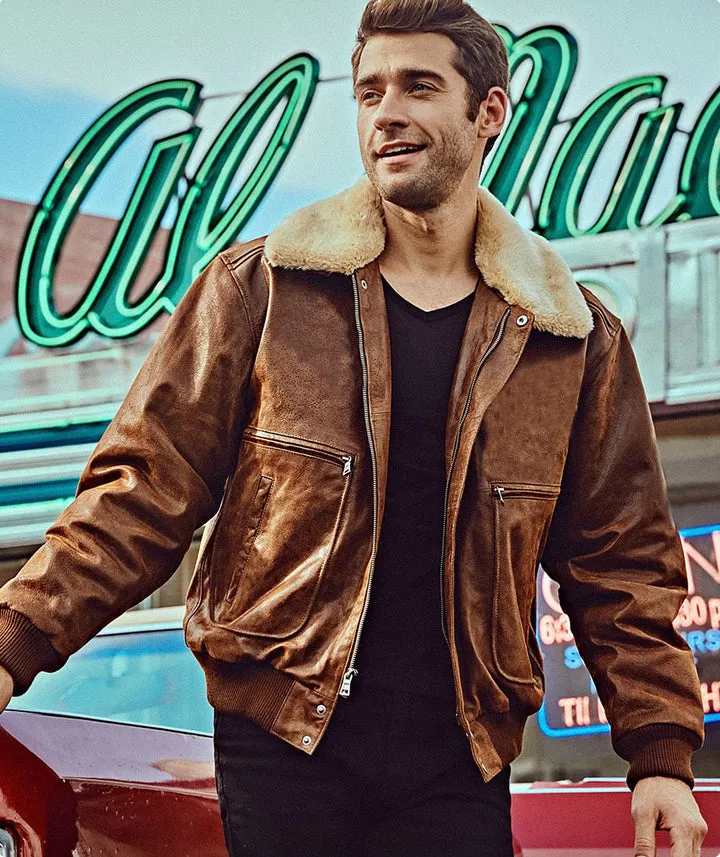 Vintage Style Flying F-19 Army Faux Fur Collar Real Leather Jacket by TJS