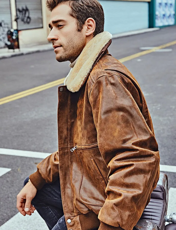 Vintage Style Flying F-19 Army Faux Fur Collar Real Leather Jacket by TJS