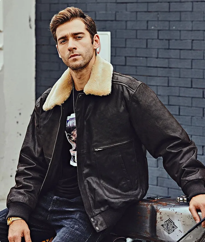 Vintage Style Flying F-19 Army Faux Fur Collar Real Leather Jacket by TJS