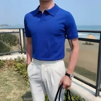 Voguable classy outfits men Lapel Business Polo Men's Sweater Seagull Collar T-shirt Men's Casual Solid Color Slim Fit American Men's Summer Short Sleeve