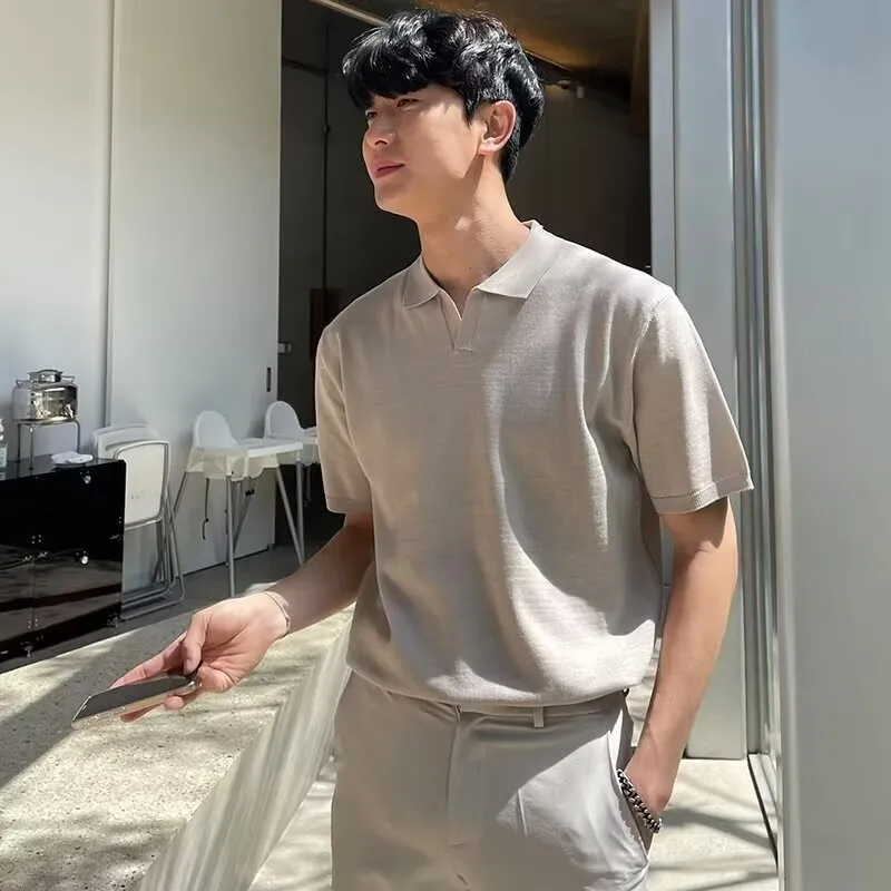 Voguable classy outfits men Lapel Business Polo Men's Sweater Seagull Collar T-shirt Men's Casual Solid Color Slim Fit American Men's Summer Short Sleeve