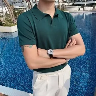 Voguable classy outfits men Lapel Business Polo Men's Sweater Seagull Collar T-shirt Men's Casual Solid Color Slim Fit American Men's Summer Short Sleeve