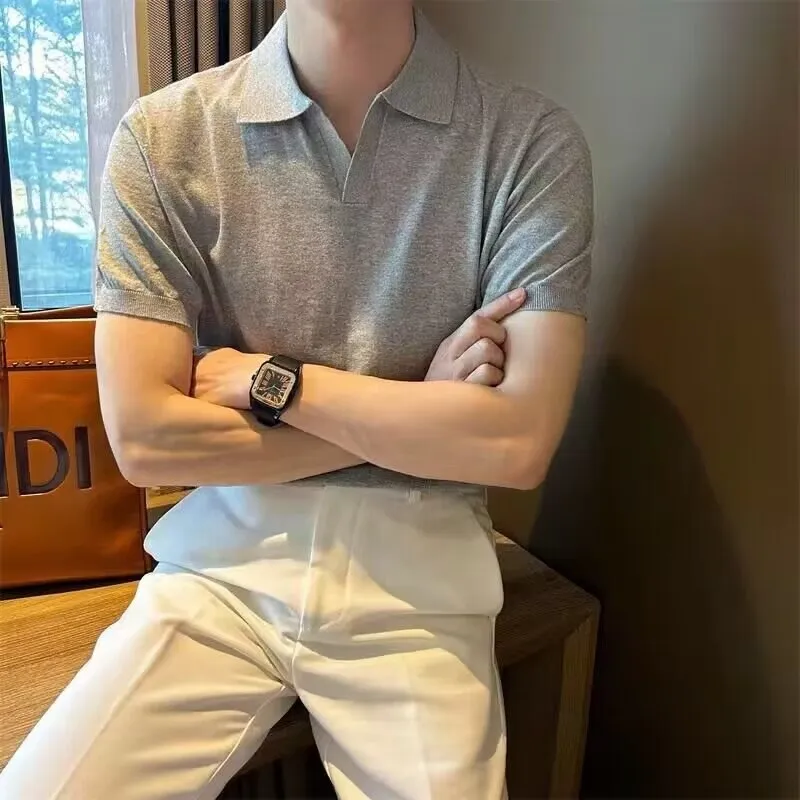 Voguable classy outfits men Lapel Business Polo Men's Sweater Seagull Collar T-shirt Men's Casual Solid Color Slim Fit American Men's Summer Short Sleeve