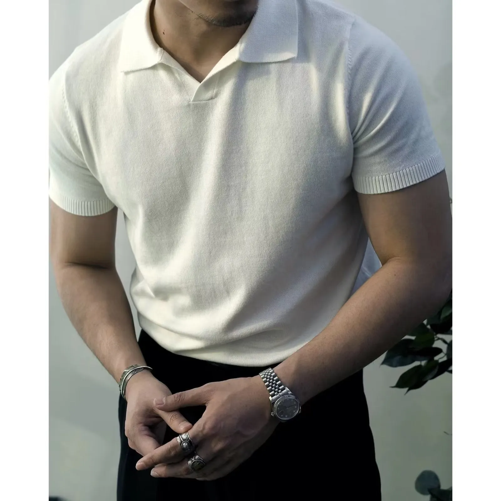 Voguable classy outfits men Lapel Business Polo Men's Sweater Seagull Collar T-shirt Men's Casual Solid Color Slim Fit American Men's Summer Short Sleeve