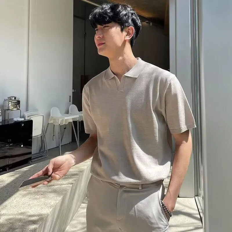 Voguable classy outfits men Lapel Business Polo Men's Sweater Seagull Collar T-shirt Men's Casual Solid Color Slim Fit American Men's Summer Short Sleeve