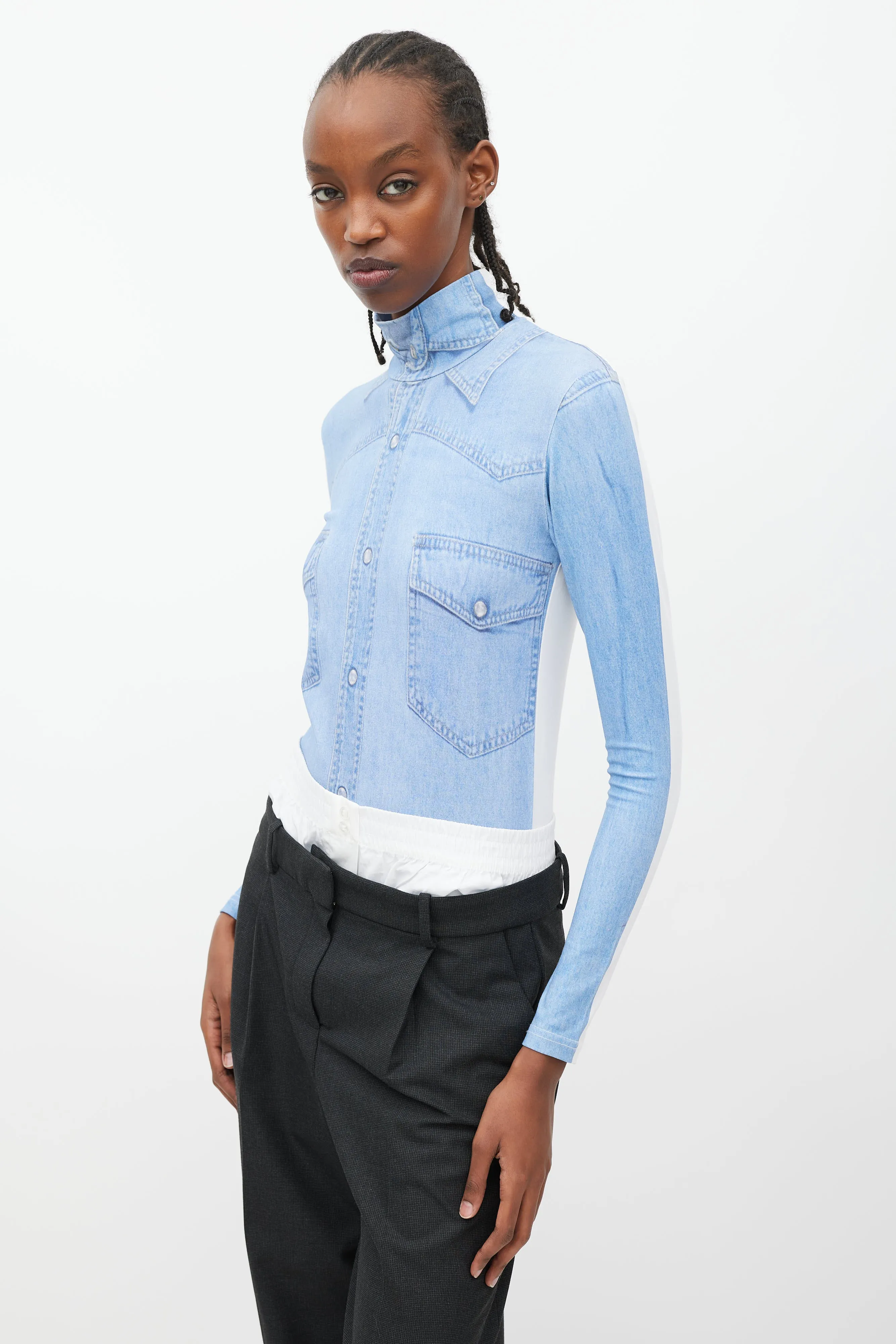 Winter 2019 Blue & White Trompe L'oeil Turtleneck Bodysuit