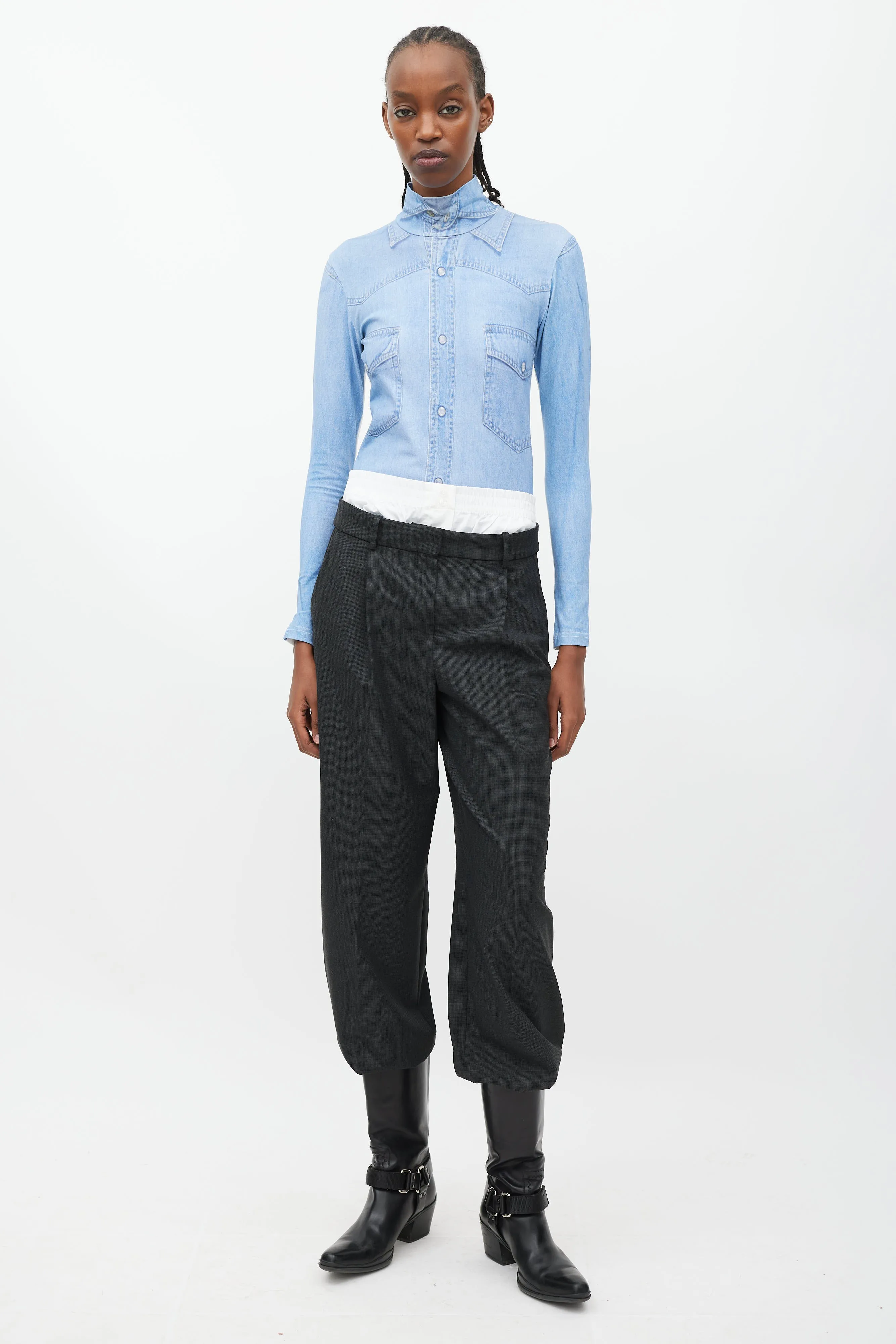 Winter 2019 Blue & White Trompe L'oeil Turtleneck Bodysuit
