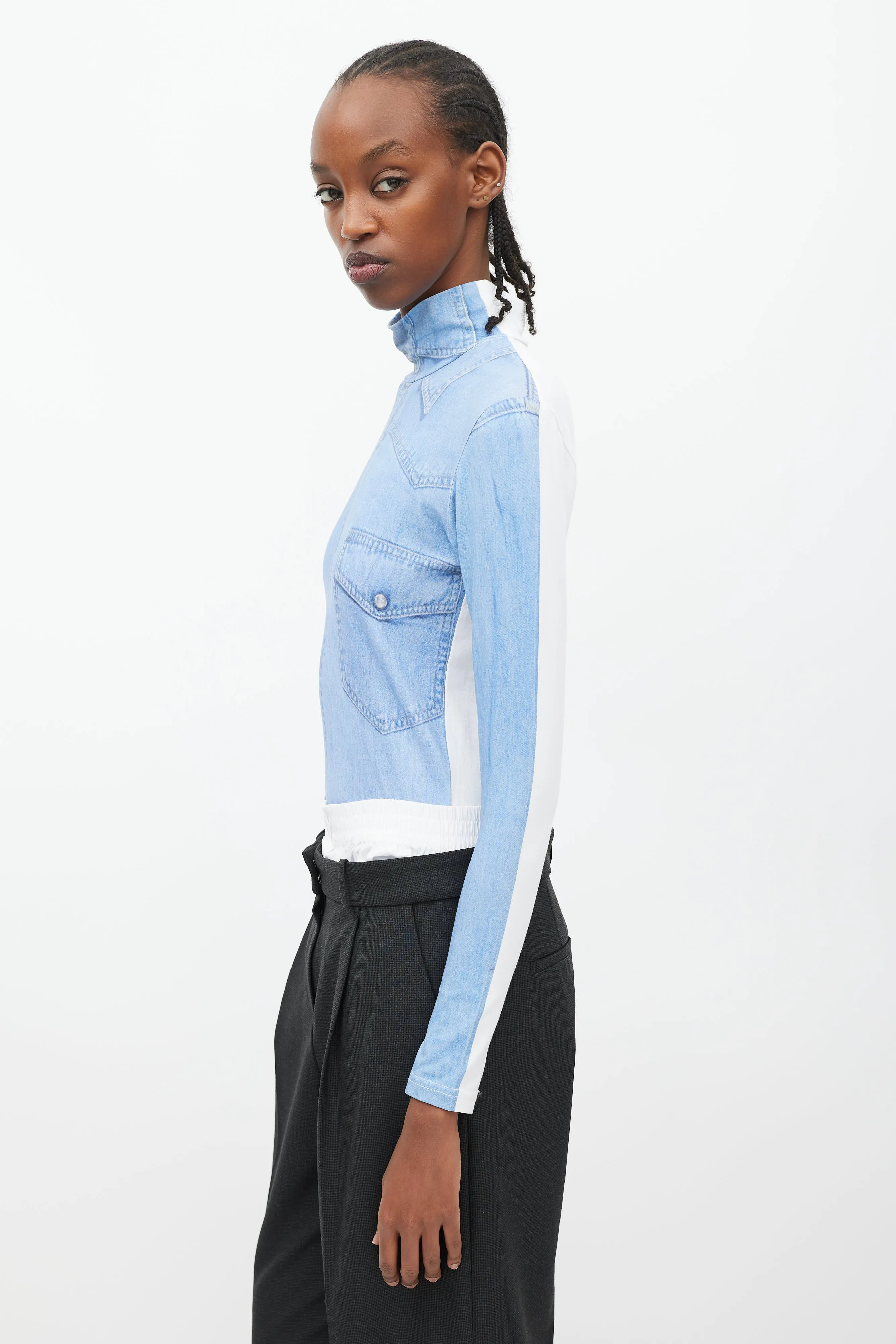 Winter 2019 Blue & White Trompe L'oeil Turtleneck Bodysuit